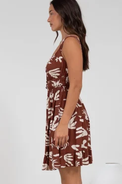 Jessie Mini Dress - Gathered Bodice Spaghetti Strap Sun Dress in Stassie Print Brown><noscript><img width=