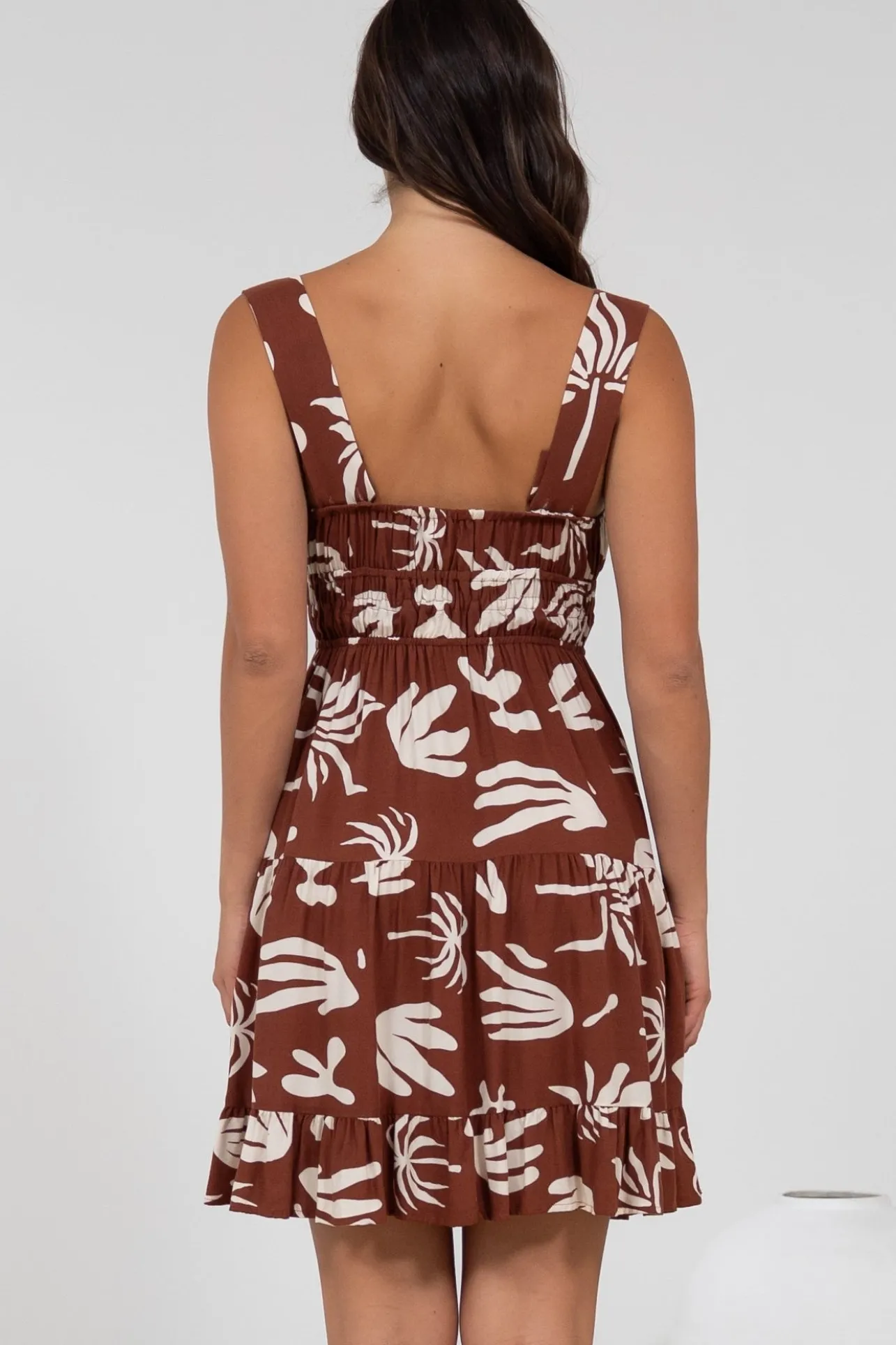 Jessie Mini Dress - Gathered Bodice Spaghetti Strap Sun Dress in Stassie Print Brown>Salty Crush New