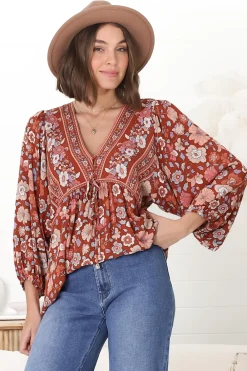 Joelle Top - V Neck High-Low Top in Anissa Print Rust>Salty Crush New