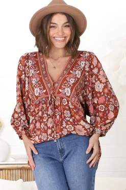 Joelle Top - V Neck High-Low Top in Anissa Print Rust><noscript><img width=
