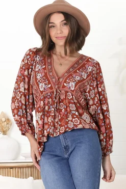Joelle Top - V Neck High-Low Top in Anissa Print Rust><noscript><img width=