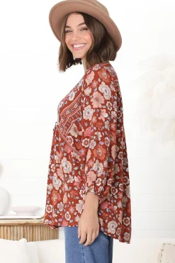 Joelle Top - V Neck High-Low Top in Anissa Print Rust><noscript><img width=
