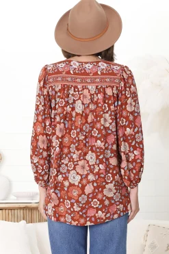 Joelle Top - V Neck High-Low Top in Anissa Print Rust><noscript><img width=