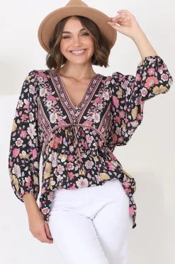 Joelle Top - V Neck High-Low Top in Anissa Print Black>Salty Crush New