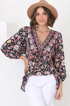 Joelle Top - V Neck High-Low Top in Anissa Print Black><noscript><img width=