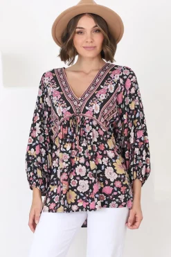 Joelle Top - V Neck High-Low Top in Anissa Print Black><noscript><img width=