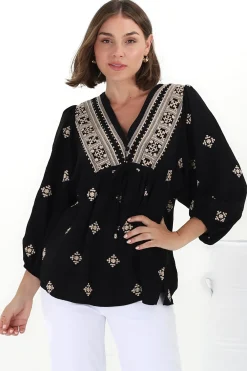 Joelle Top - V Neck High-Low Top in Yara Print Black>Salty Crush Outlet