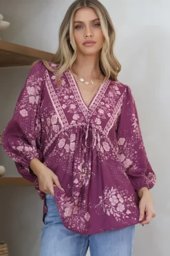 Joelle Top - V Neck High-Low Top in Briella Print in Berry>Salty Crush Clearance