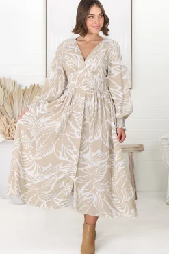 Jolie Midi Dress - V Neck Buttoned Down Long Sleeve Dress in Jeani Print Beige>Salty Crush Clearance