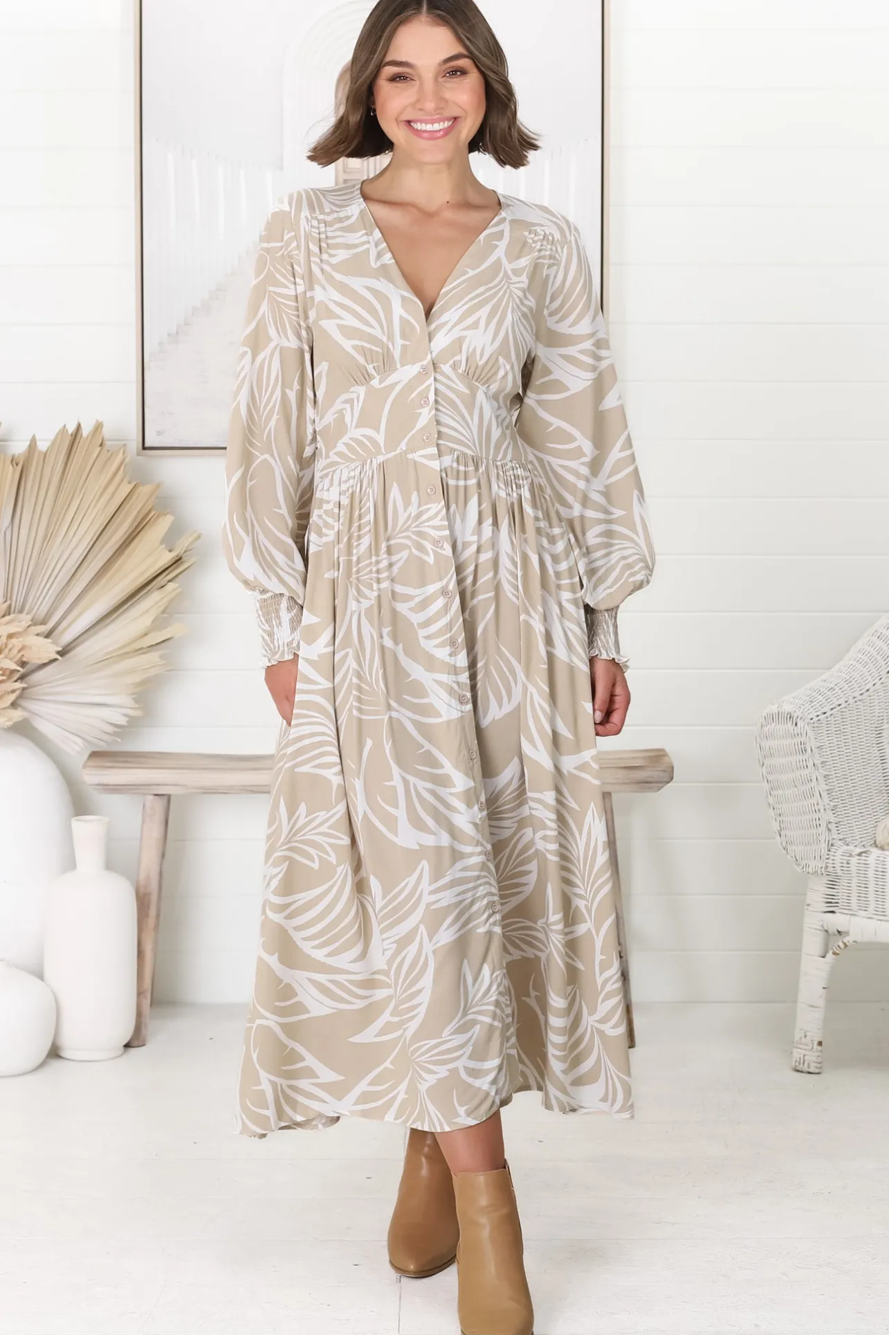 Jolie Midi Dress - V Neck Buttoned Down Long Sleeve Dress in Jeani Print Beige>Salty Crush Clearance