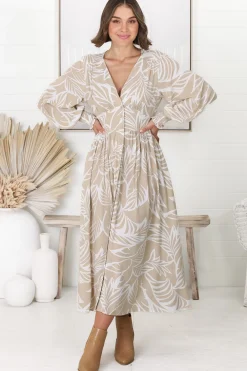 Jolie Midi Dress - V Neck Buttoned Down Long Sleeve Dress in Jeani Print Beige><noscript><img width=