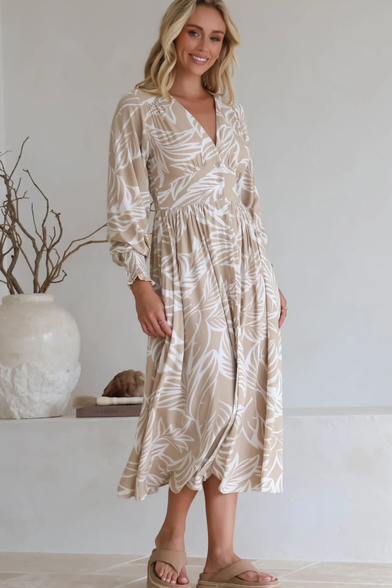 Jolie Midi Dress - V Neck Buttoned Down Long Sleeve Dress in Jeani Print Beige>Salty Crush Clearance