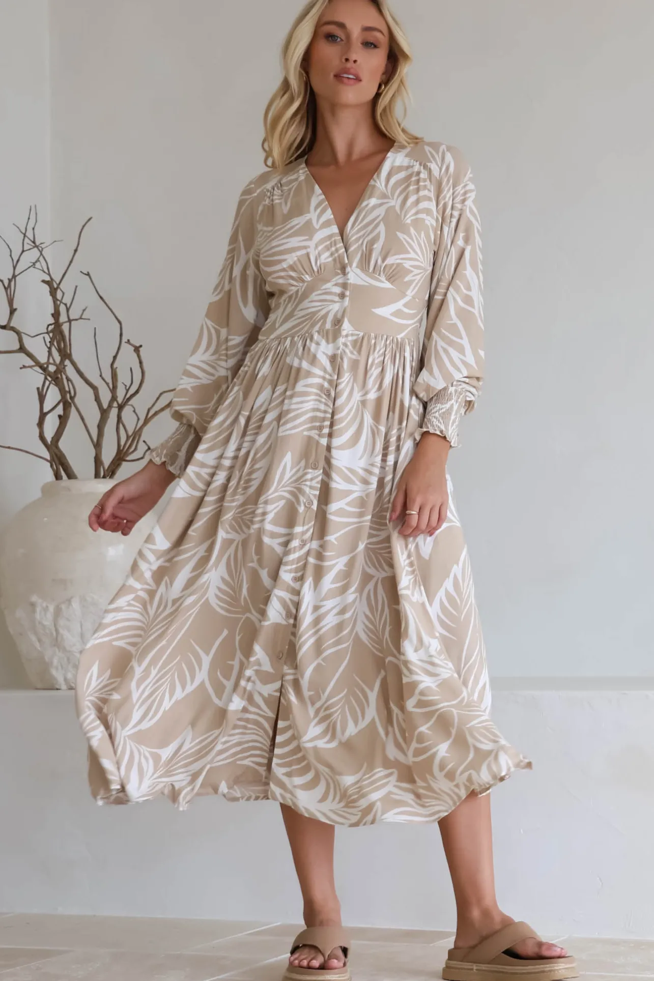Jolie Midi Dress - V Neck Buttoned Down Long Sleeve Dress in Jeani Print Beige>Salty Crush Clearance