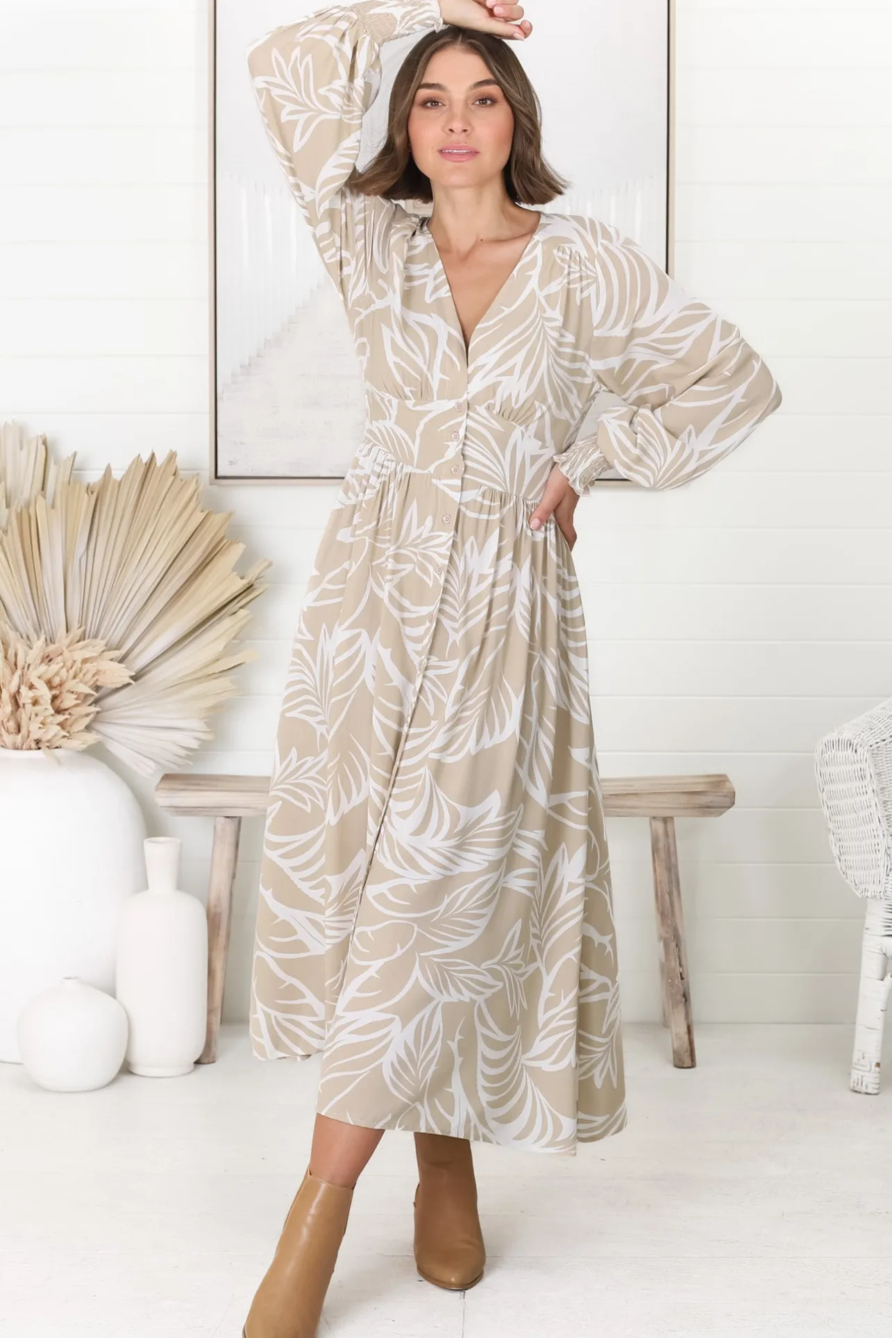 Jolie Midi Dress - V Neck Buttoned Down Long Sleeve Dress in Jeani Print Beige>Salty Crush Clearance