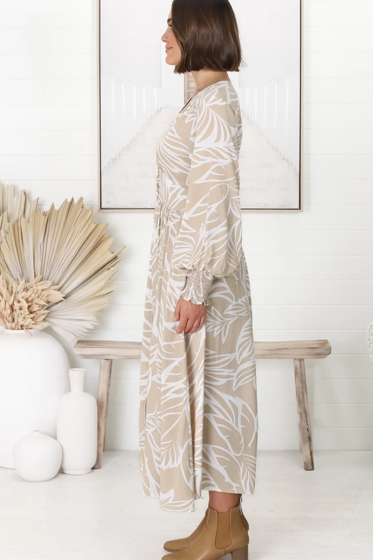 Jolie Midi Dress - V Neck Buttoned Down Long Sleeve Dress in Jeani Print Beige>Salty Crush Clearance