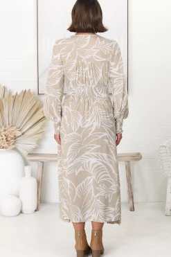 Jolie Midi Dress - V Neck Buttoned Down Long Sleeve Dress in Jeani Print Beige><noscript><img width=