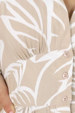 Jolie Midi Dress - V Neck Buttoned Down Long Sleeve Dress in Jeani Print Beige><noscript><img width=
