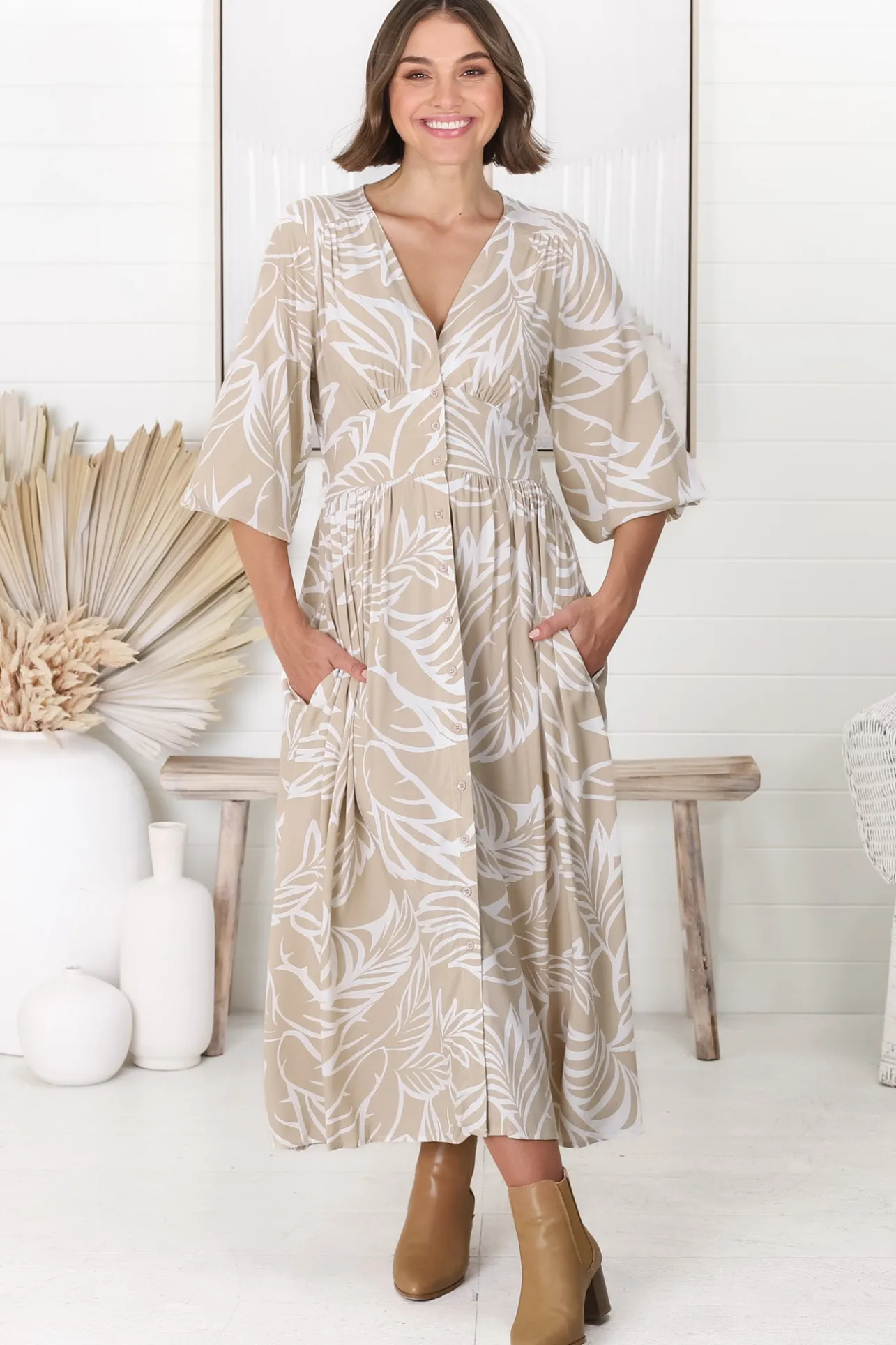 Jolie Midi Dress - V Neck Buttoned Down Long Sleeve Dress in Jeani Print Beige>Salty Crush Clearance