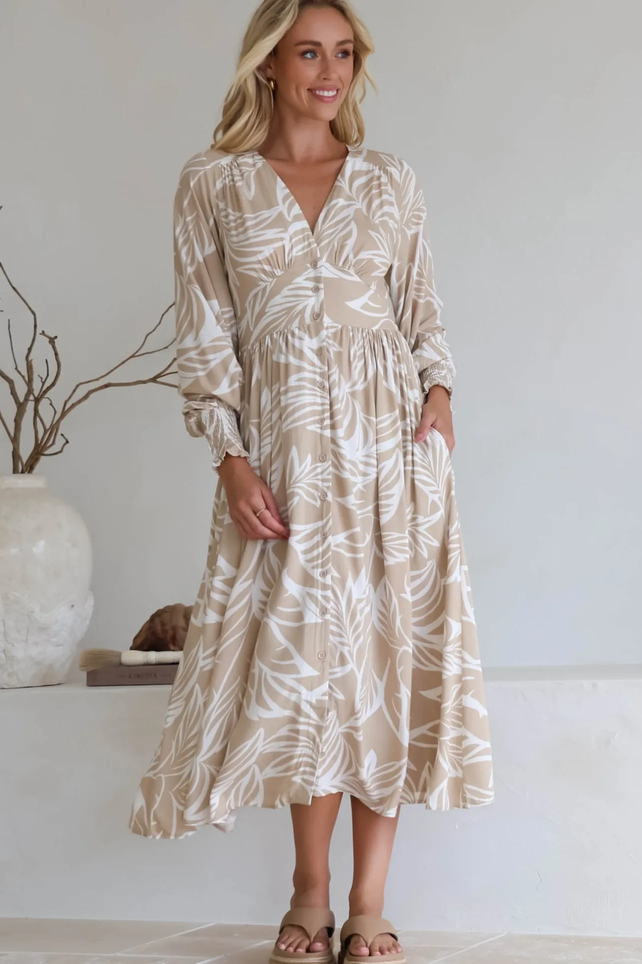 Jolie Midi Dress - V Neck Buttoned Down Long Sleeve Dress in Jeani Print Beige>Salty Crush Clearance
