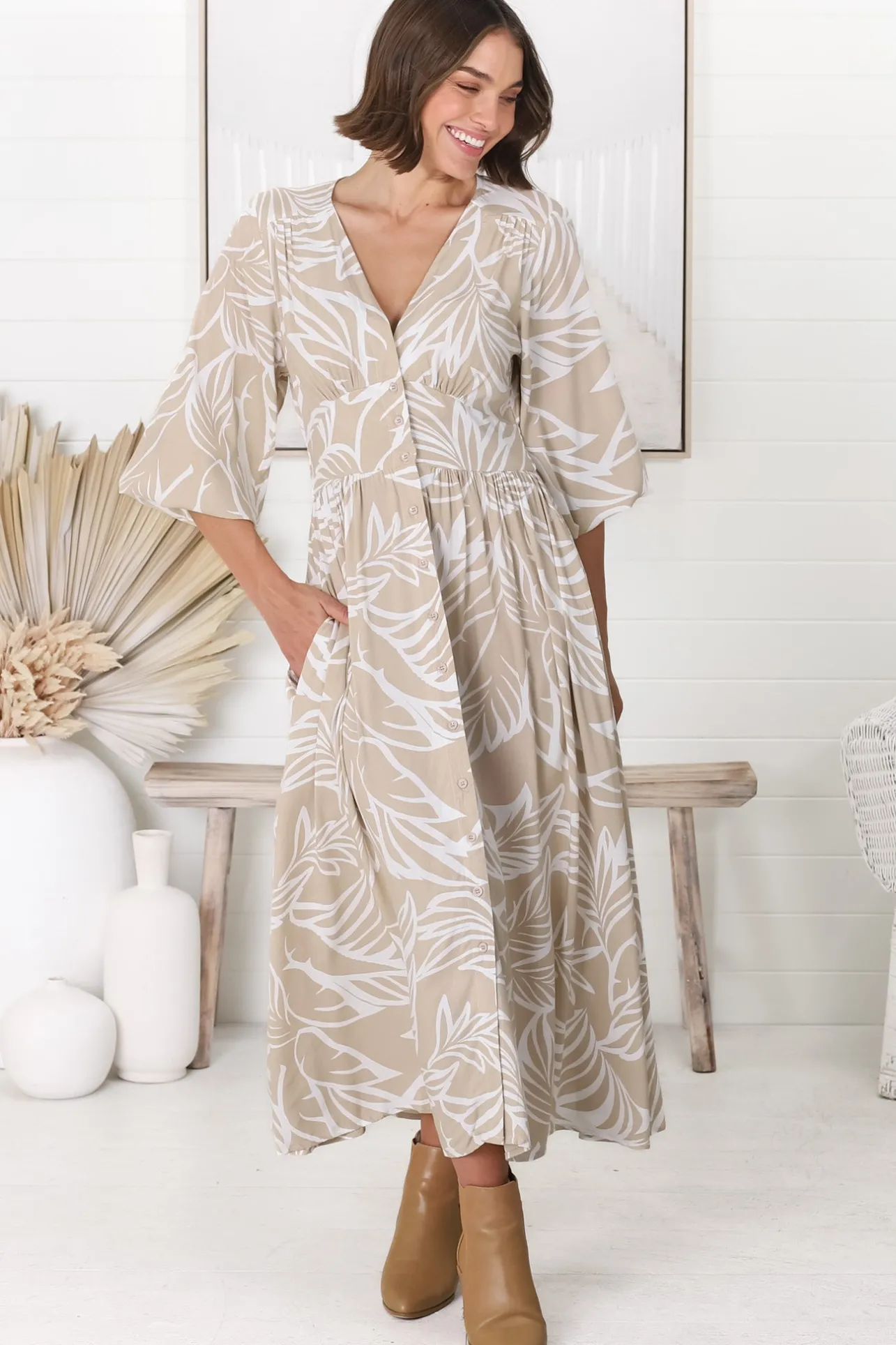 Jolie Midi Dress - V Neck Buttoned Down Long Sleeve Dress in Jeani Print Beige>Salty Crush Clearance
