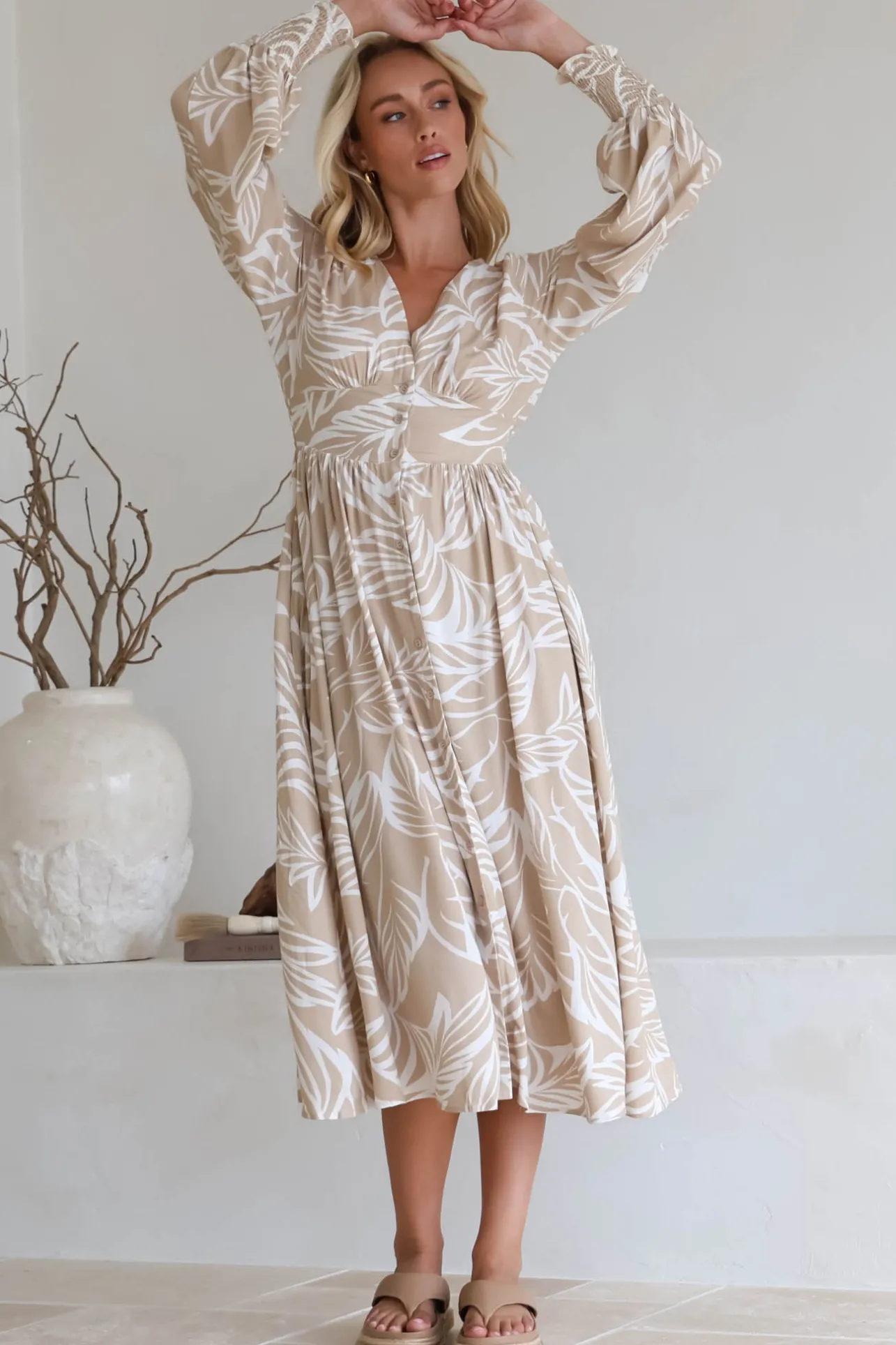 Jolie Midi Dress - V Neck Buttoned Down Long Sleeve Dress in Jeani Print Beige>Salty Crush Clearance