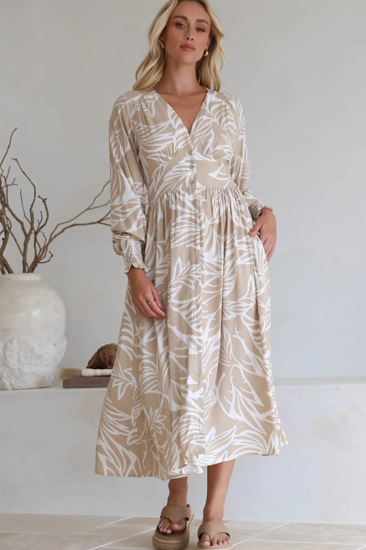 Jolie Midi Dress - V Neck Buttoned Down Long Sleeve Dress in Jeani Print Beige>Salty Crush Clearance