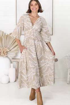Jolie Midi Dress - V Neck Buttoned Down Long Sleeve Dress in Jeani Print Beige><noscript><img width=