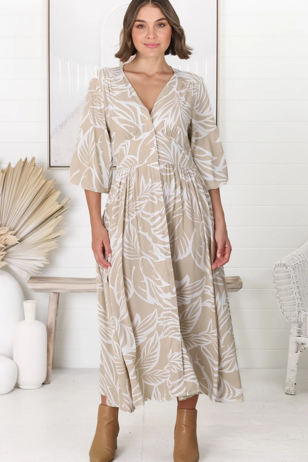 Jolie Midi Dress - V Neck Buttoned Down Long Sleeve Dress in Jeani Print Beige>Salty Crush Clearance