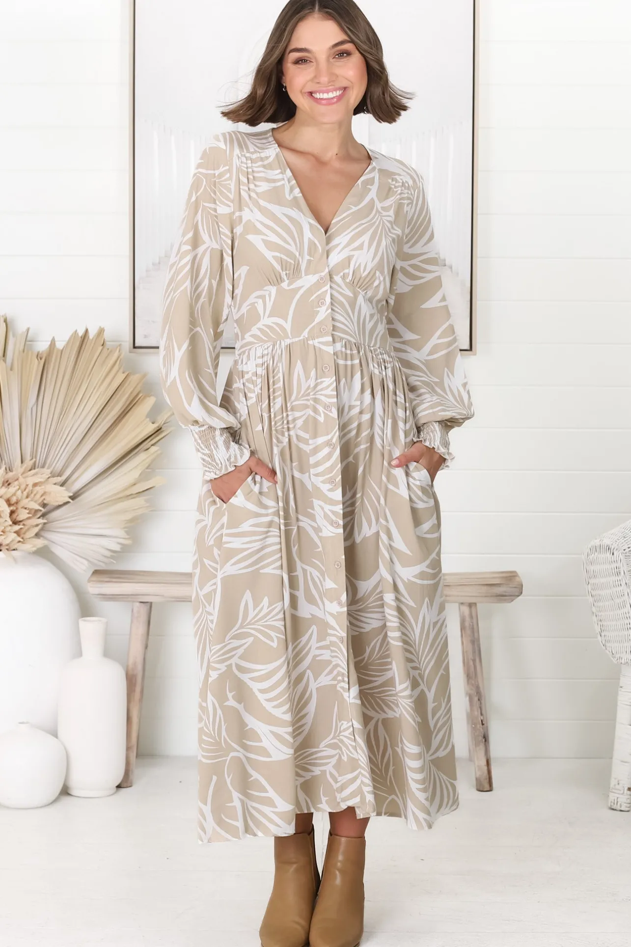 Jolie Midi Dress - V Neck Buttoned Down Long Sleeve Dress in Jeani Print Beige>Salty Crush Clearance