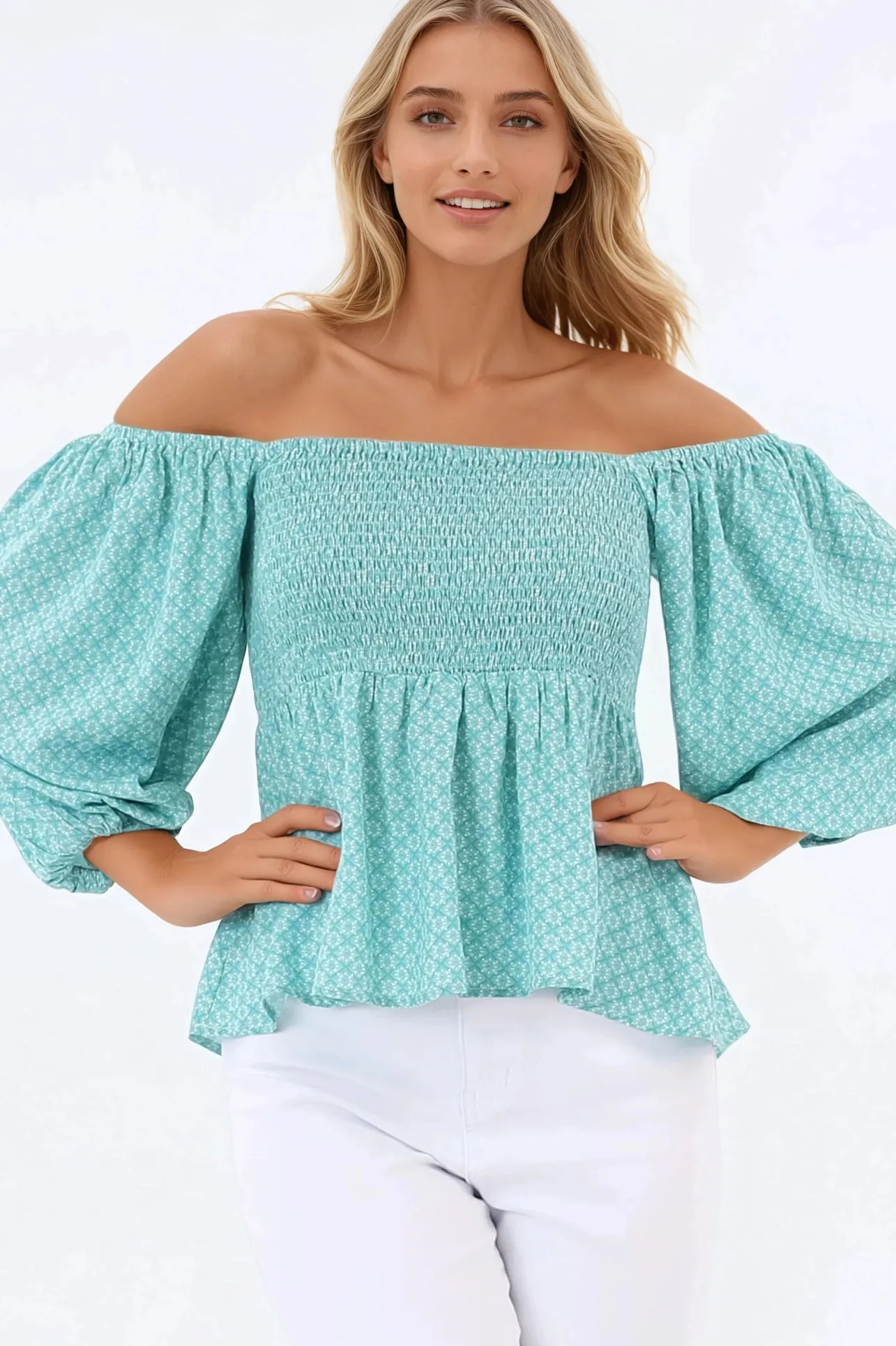 Jones Top - On or Off Shoulder Pull Over Top in Airin Print>Salty Crush Best