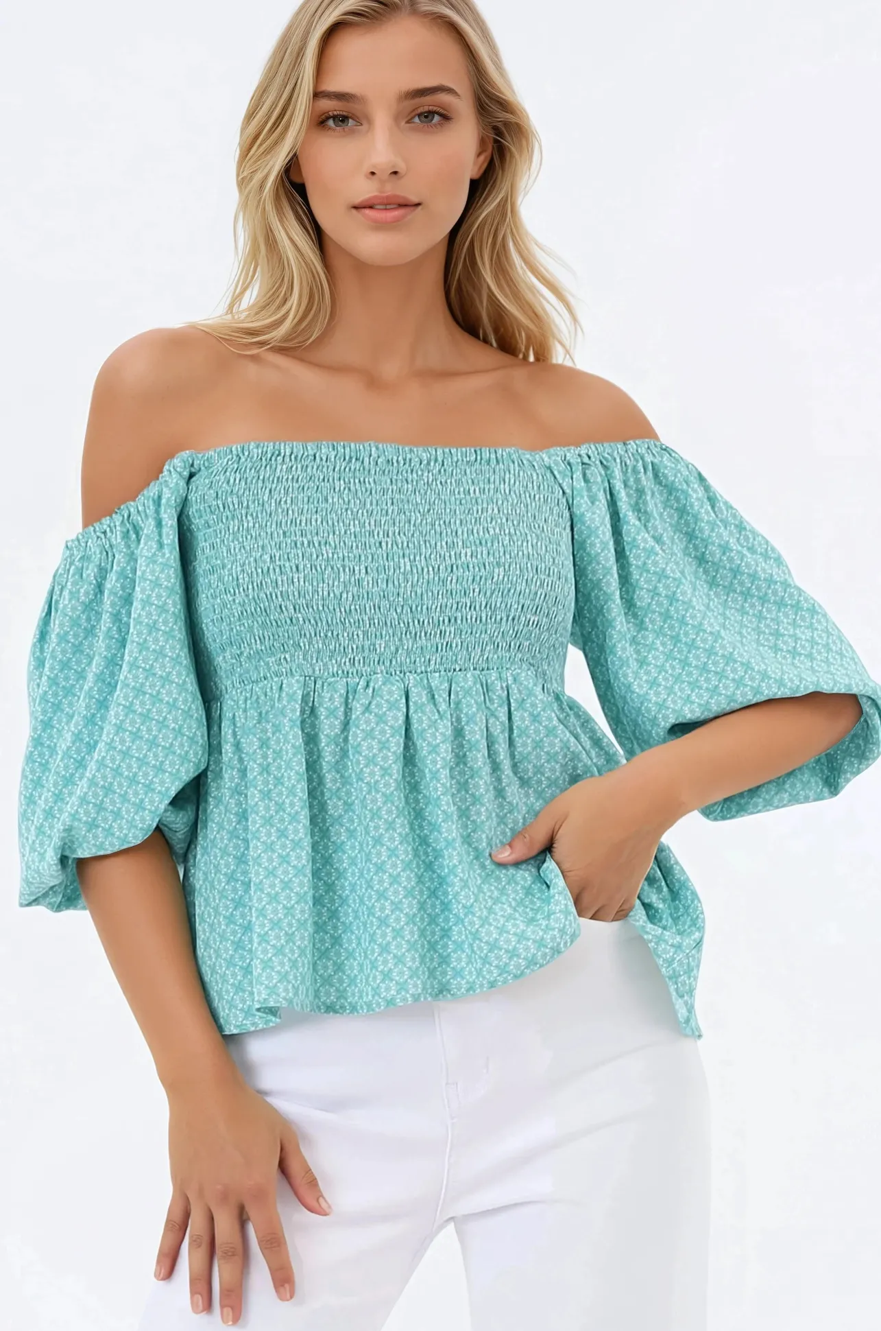 Jones Top - On or Off Shoulder Pull Over Top in Airin Print>Salty Crush Best