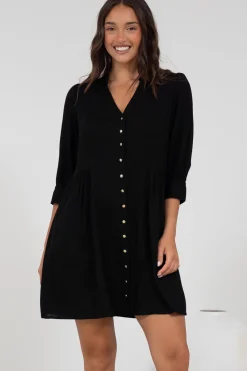 Jordan Mini Dress - Tiered Button Down Dress with 3/4 Sleeves in Black>Salty Crush Hot