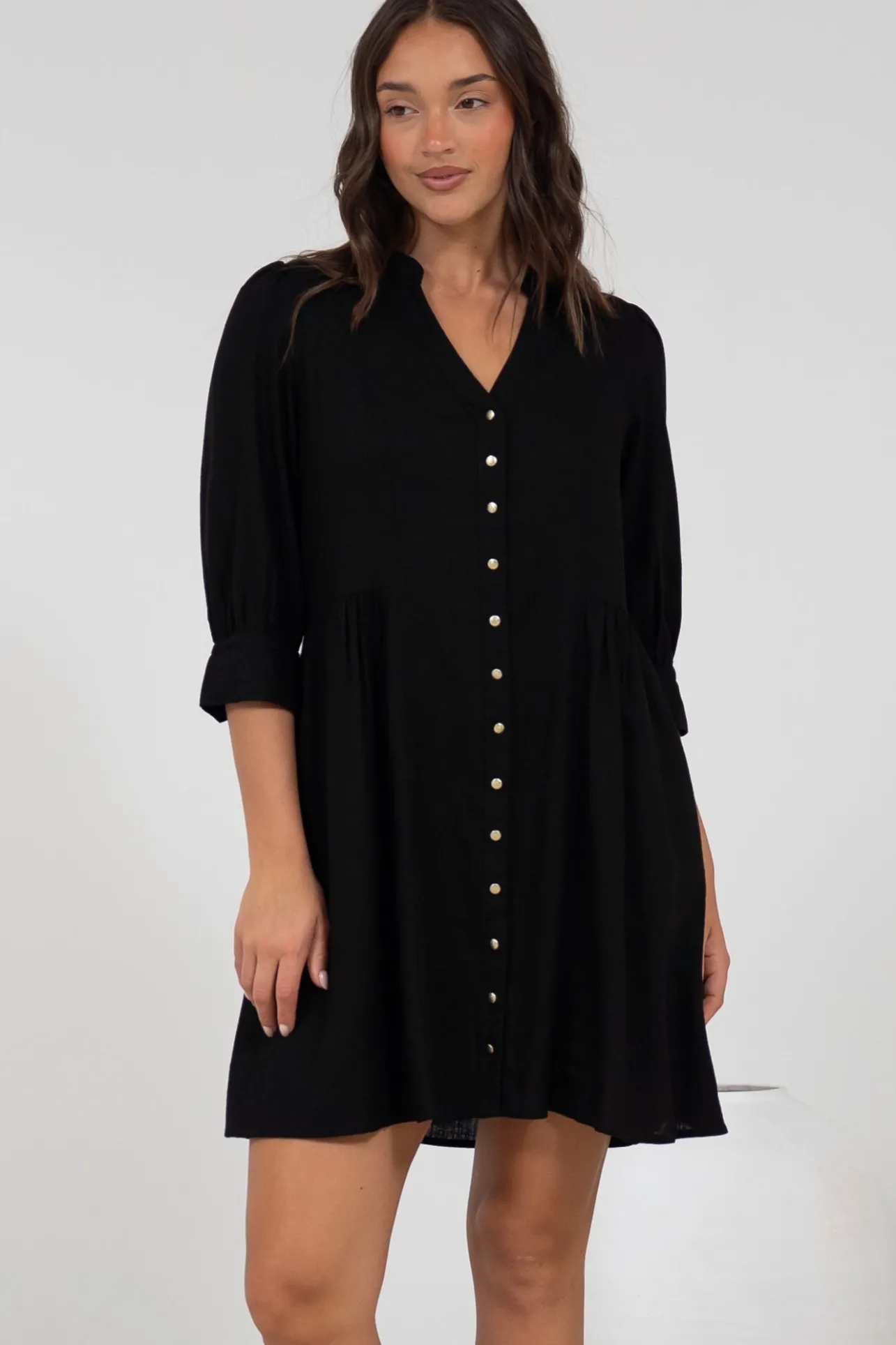 Jordan Mini Dress - Tiered Button Down Dress with 3/4 Sleeves in Black>Salty Crush Hot