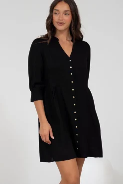 Jordan Mini Dress - Tiered Button Down Dress with 3/4 Sleeves in Black><noscript><img width=