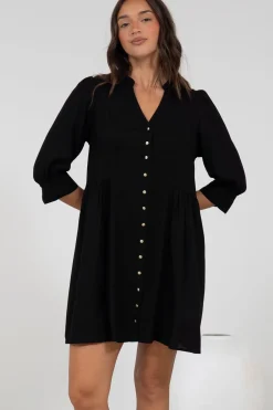 Jordan Mini Dress - Tiered Button Down Dress with 3/4 Sleeves in Black><noscript><img width=