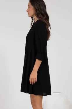 Jordan Mini Dress - Tiered Button Down Dress with 3/4 Sleeves in Black><noscript><img width=