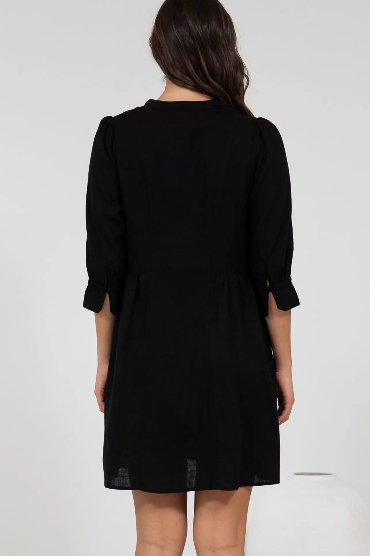 Jordan Mini Dress - Tiered Button Down Dress with 3/4 Sleeves in Black>Salty Crush Hot
