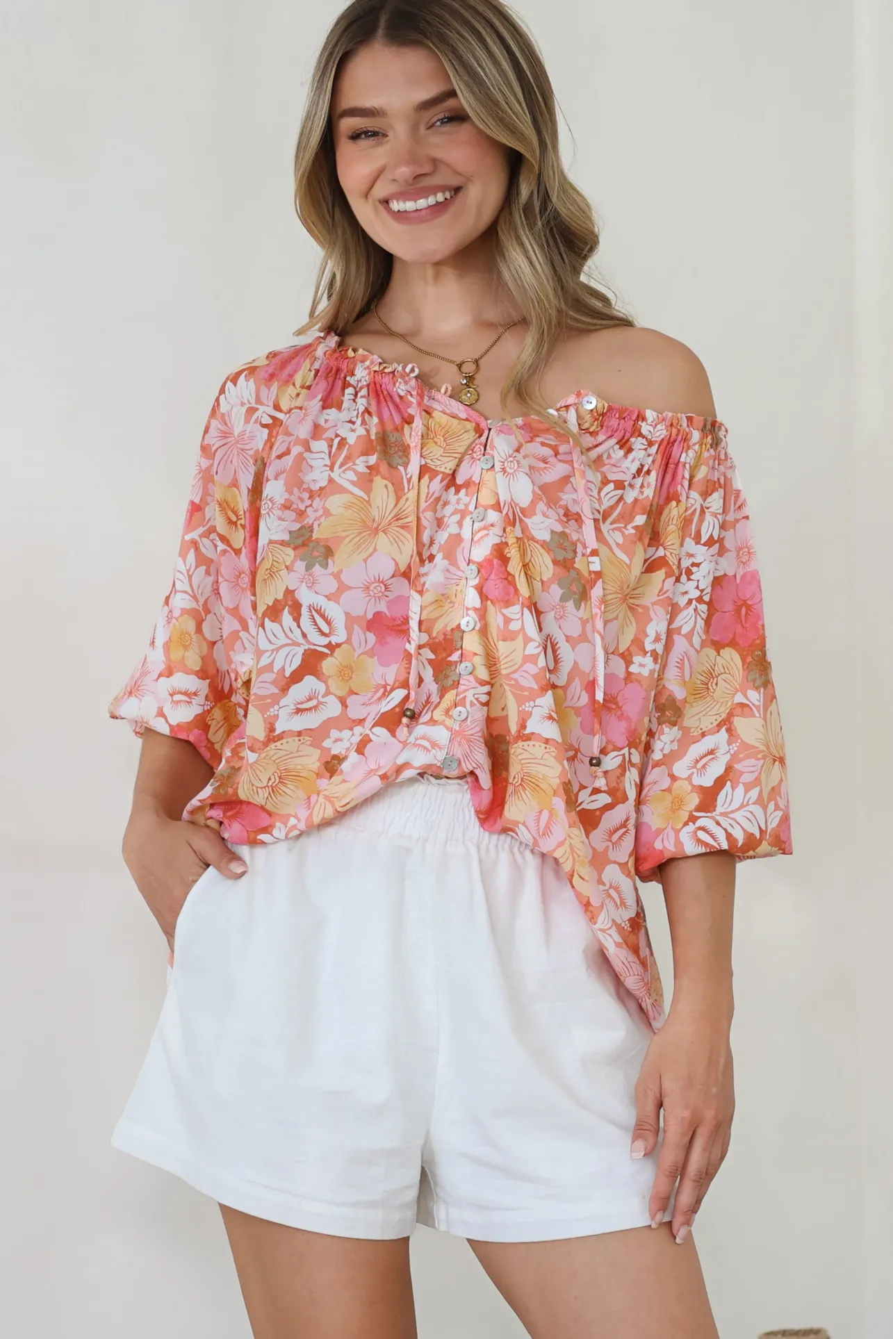 Journee Top - On or Off Shoulder Button Down in Tammi Print>Salty Crush Sale