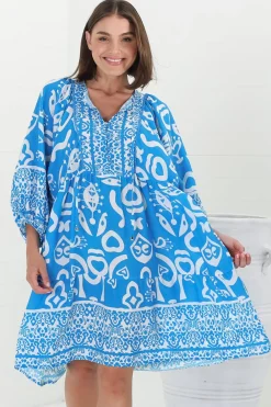 Juddy Mini Dress - Batwing Sleeve Smock Dress with Lace Detailing in Khavi Print Blue>Salty Crush Online