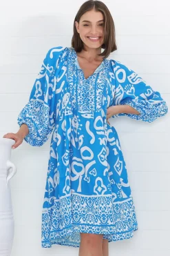 Juddy Mini Dress - Batwing Sleeve Smock Dress with Lace Detailing in Khavi Print Blue><noscript><img width=