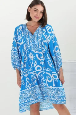 Juddy Mini Dress - Batwing Sleeve Smock Dress with Lace Detailing in Khavi Print Blue><noscript><img width=