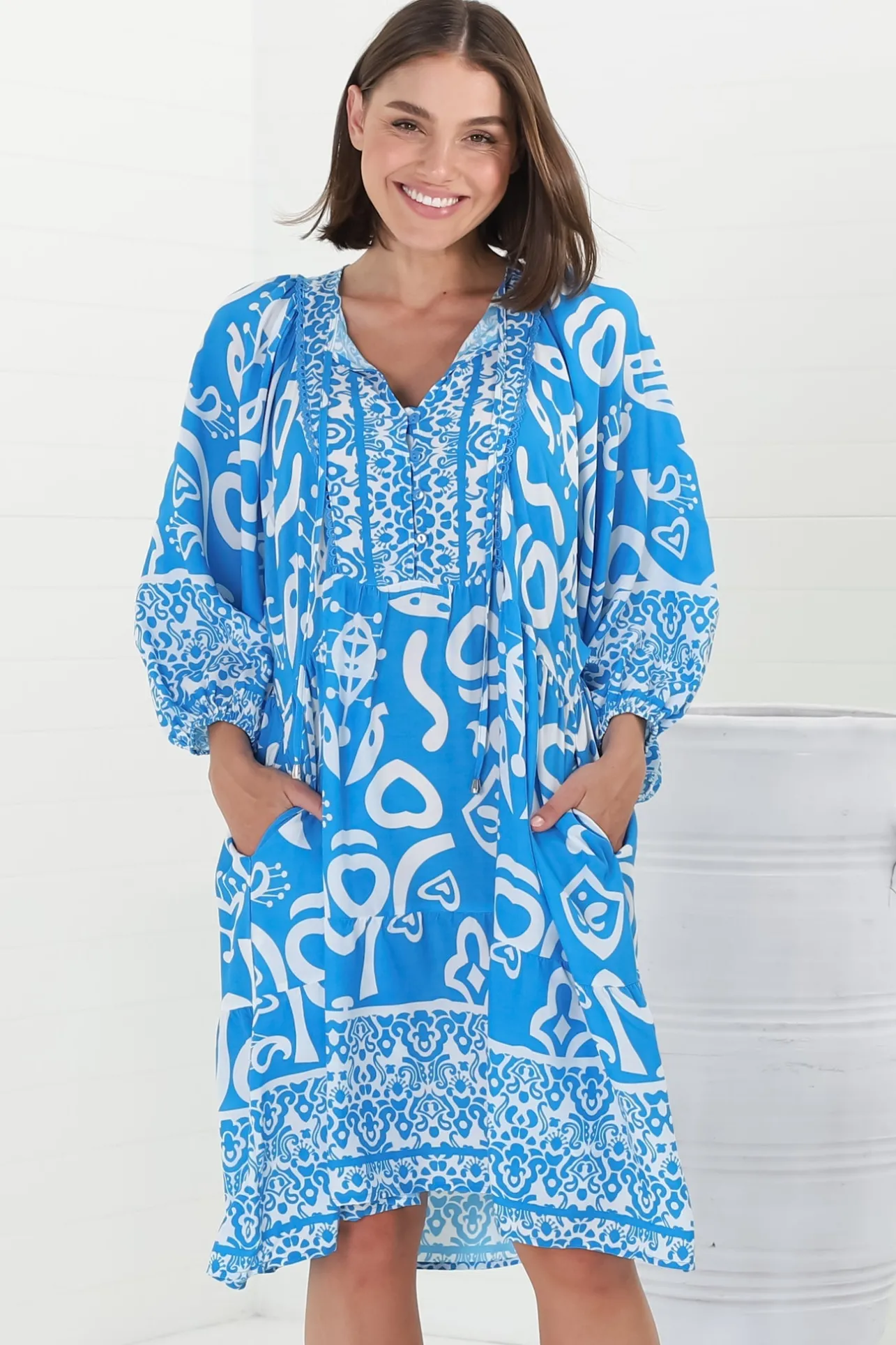 Juddy Mini Dress - Batwing Sleeve Smock Dress with Lace Detailing in Khavi Print Blue>Salty Crush Online