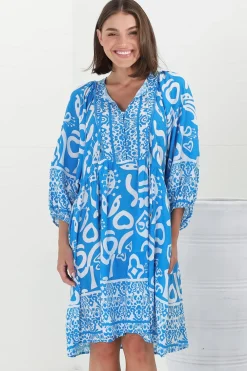 Juddy Mini Dress - Batwing Sleeve Smock Dress with Lace Detailing in Khavi Print Blue><noscript><img width=