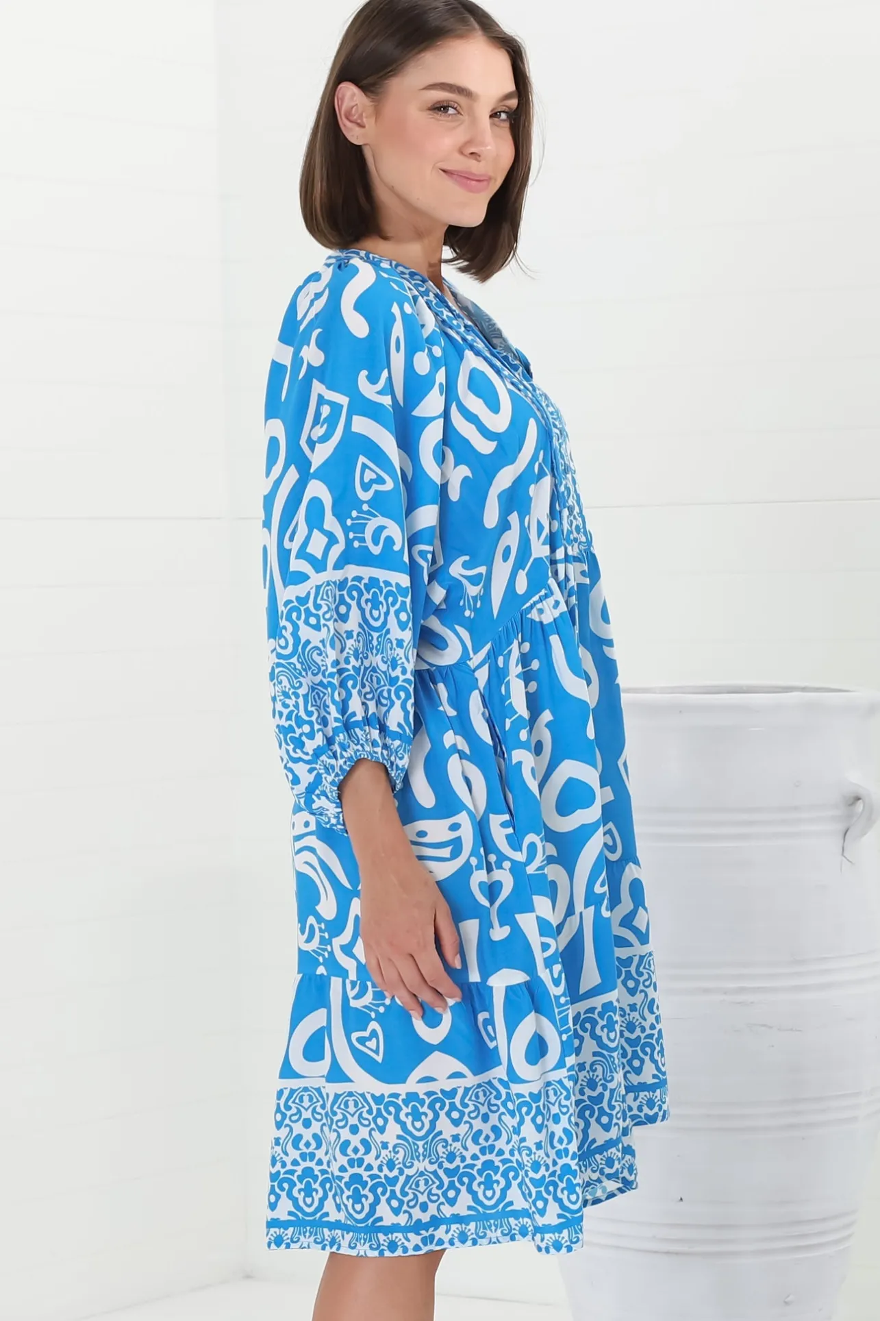 Juddy Mini Dress - Batwing Sleeve Smock Dress with Lace Detailing in Khavi Print Blue>Salty Crush Online