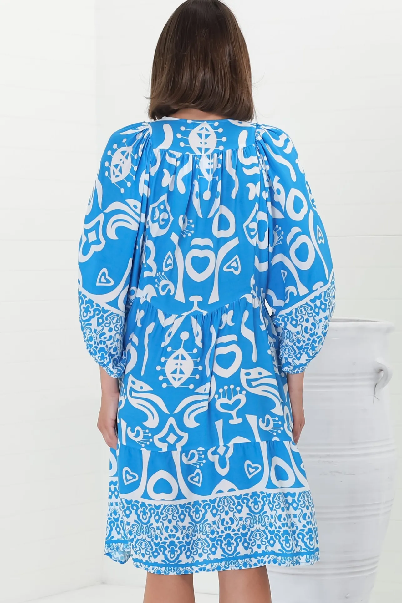 Juddy Mini Dress - Batwing Sleeve Smock Dress with Lace Detailing in Khavi Print Blue>Salty Crush Online