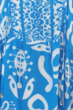 Juddy Mini Dress - Batwing Sleeve Smock Dress with Lace Detailing in Khavi Print Blue><noscript><img width=