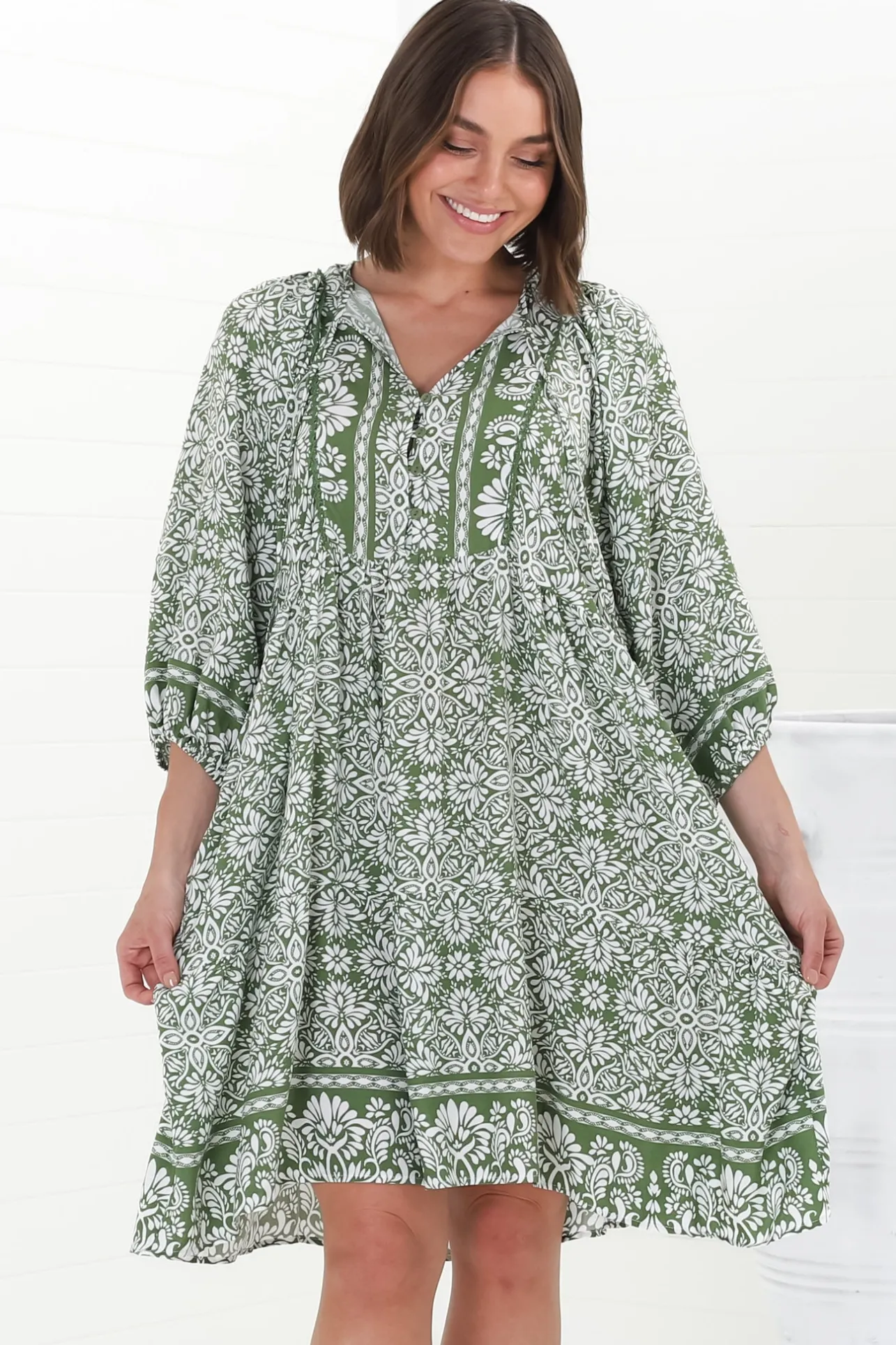 Juddy Mini Dress - Batwing Sleeve Smock Dress with Lace Detailing in Harley Print Green>Salty Crush New