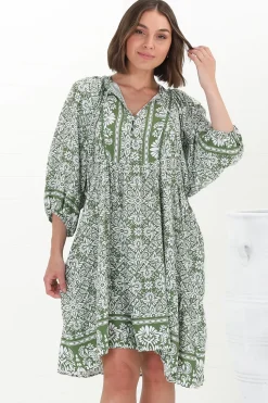 Juddy Mini Dress - Batwing Sleeve Smock Dress with Lace Detailing in Harley Print Green><noscript><img width=