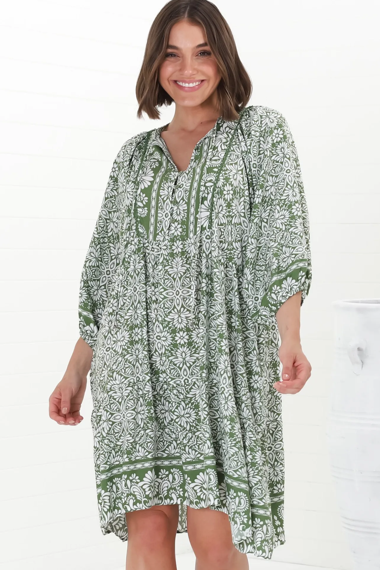 Juddy Mini Dress - Batwing Sleeve Smock Dress with Lace Detailing in Harley Print Green>Salty Crush New