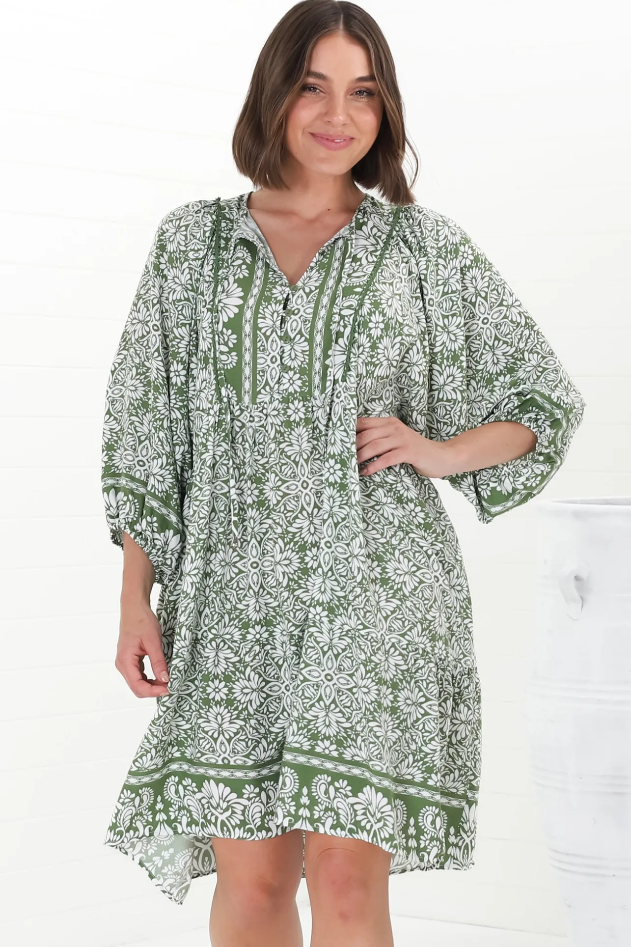 Juddy Mini Dress - Batwing Sleeve Smock Dress with Lace Detailing in Harley Print Green>Salty Crush New